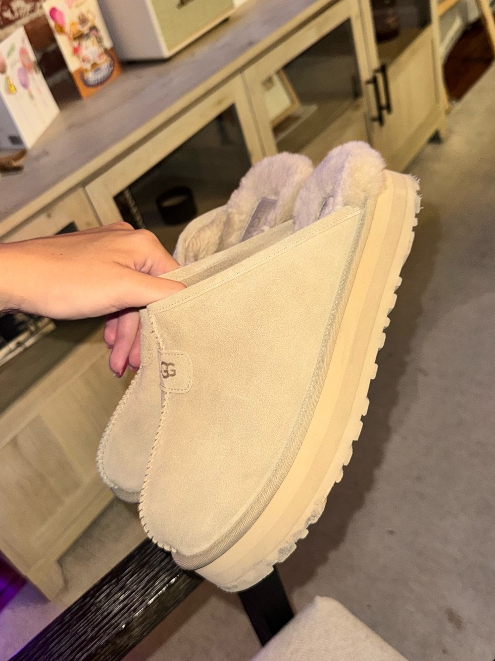 UGG Sandrine Platform Shearling Mule in Sandstone
